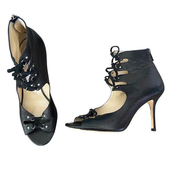 Jimmy Choo Black Leather Cut Out High Heel Sandals size 37 1/2 size 7.5 - Picture 1 of 12
